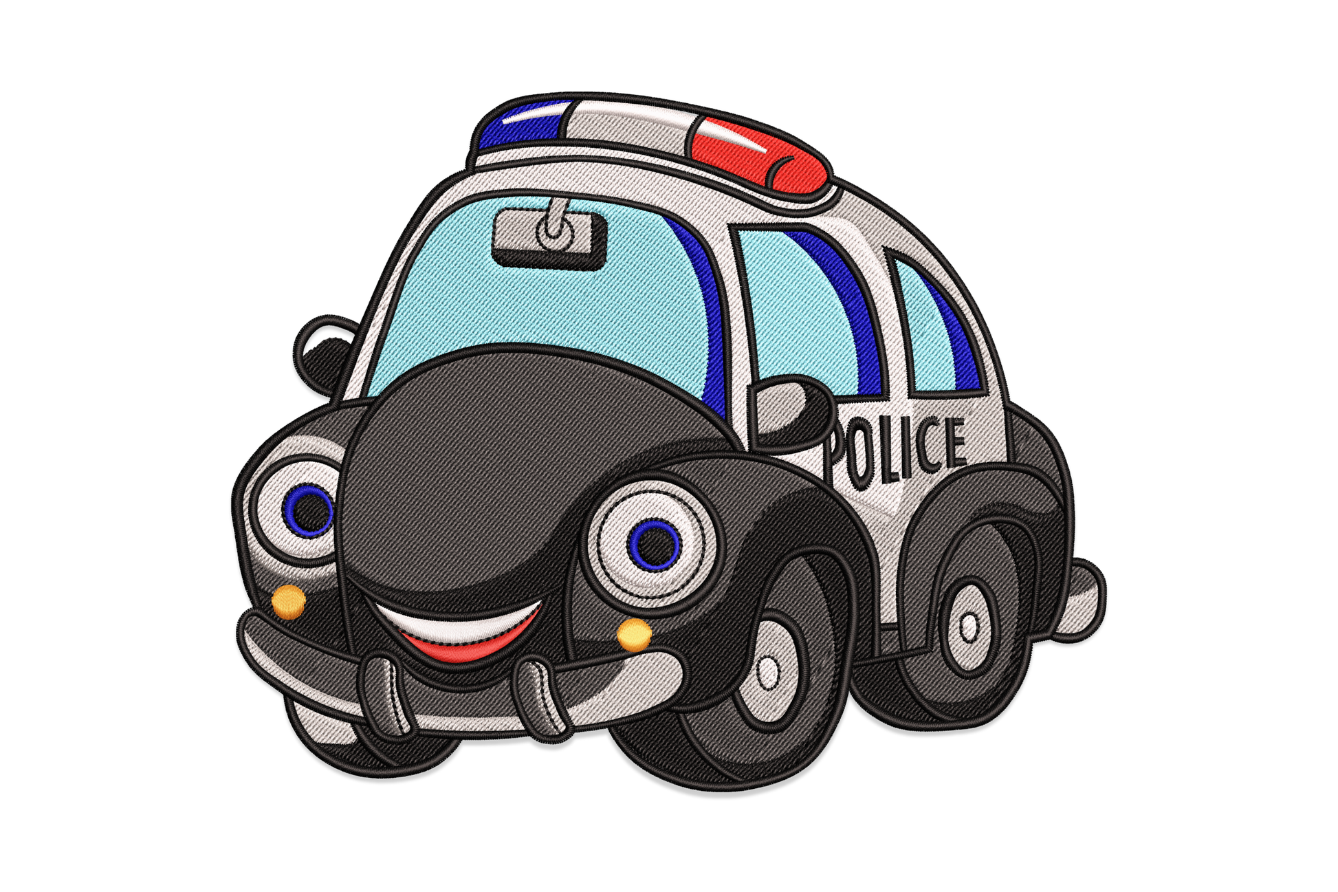 Cute police car machine embroidery design for kids, cartoon-style vehicle with lightbar and police markings, 9 colours, 4 sizes from 3.21 to 5.61 inches