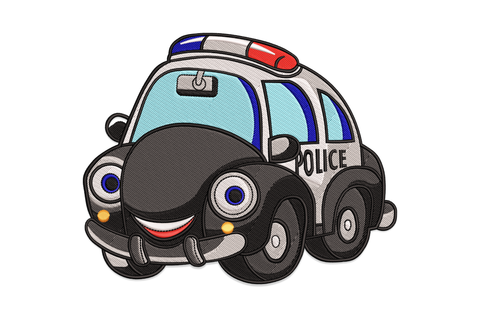 Cute police car machine embroidery design for kids, cartoon-style vehicle with lightbar and police markings, 9 colours, 4 sizes from 3.21 to 5.61 inches