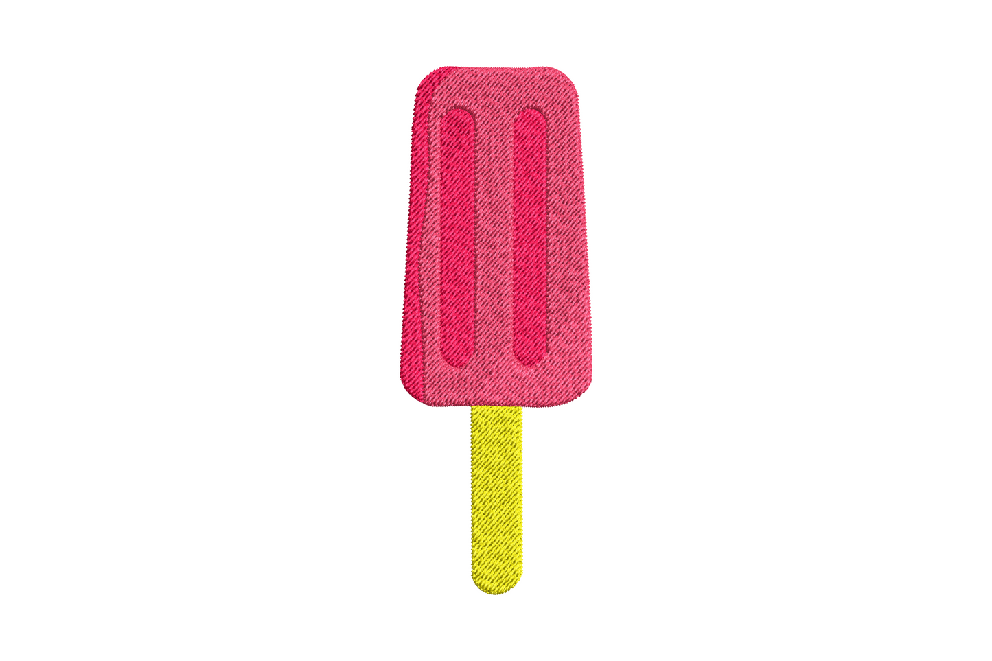 Popsicle and ice cream cone embroidery design with pastel pink popsicle, cream waffle cone, soft-serve swirl scoop, and small chocolate drip accent in a compact horizontal pair.
