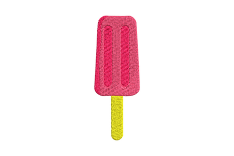 Popsicle and ice cream cone embroidery design with pastel pink popsicle, cream waffle cone, soft-serve swirl scoop, and small chocolate drip accent in a compact horizontal pair.