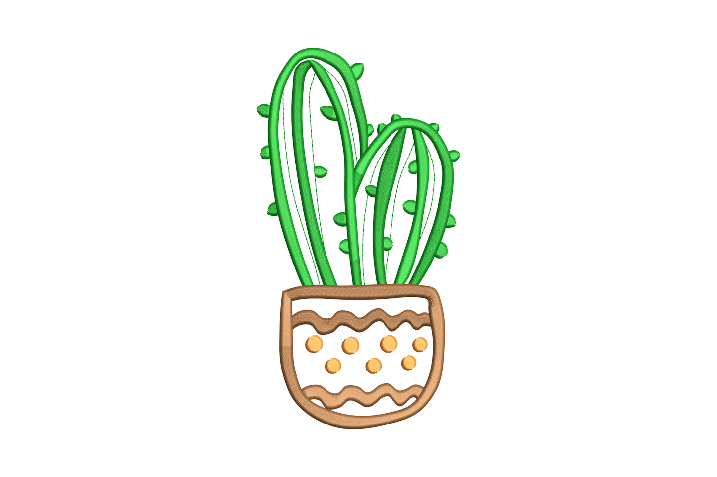 Cute potted cactus embroidery design with sage green barrel body and terracotta pot on oat cotton tea towel fabric.