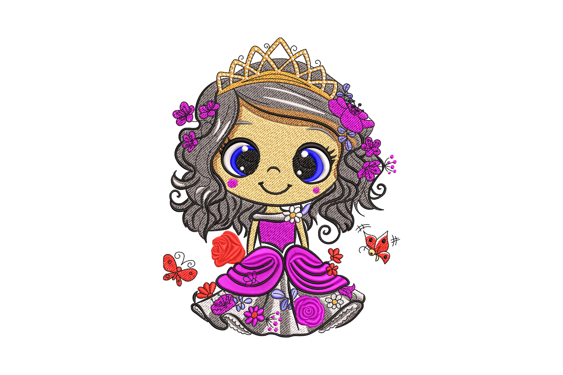 Chibi princess embroidery with gold tiara, dark curly hair, blue eyes, layered pink-purple ball gown with rose details, red roses and butterflies.