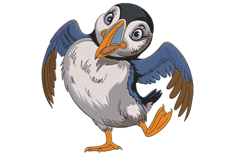 Cartoon puffin dancing on one orange foot with wings spread, big orange triangle beak, white belly and deep blue wings.