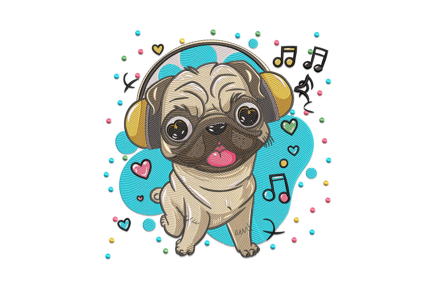 Cute pug with headphones embroidery design, cartoon dog DJ with yellow headphones, music notes and hearts, 17 colours.