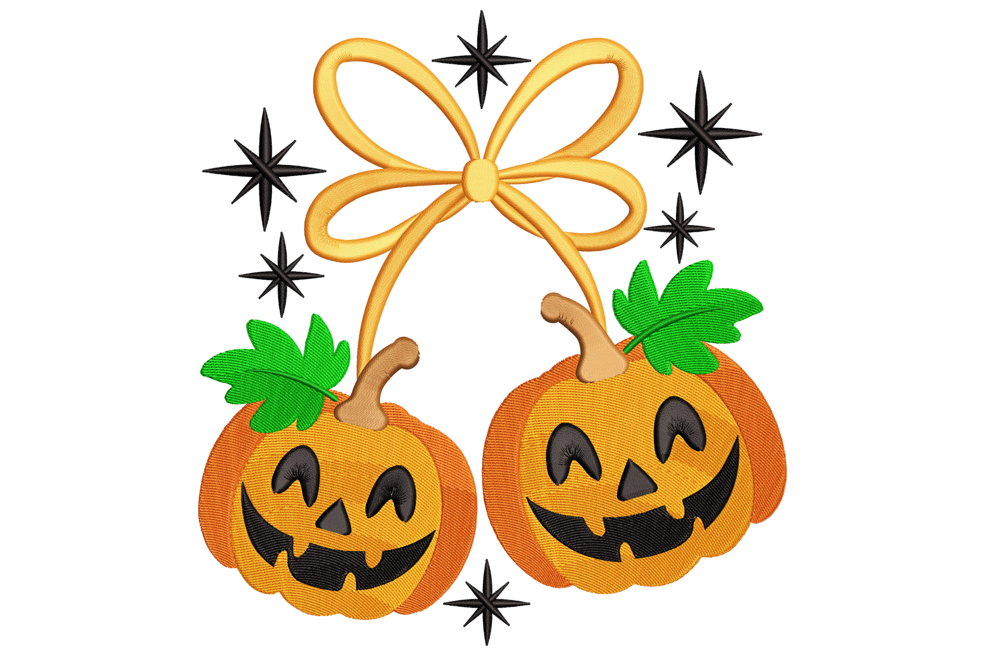 Cute pumpkin pair embroidery design with two grinning orange jack-o-lanterns tied together by a looping bow, dark green leaves and star burst accents.