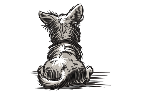 Puppy back view embroidery design showing chocolate brown sitting dog from behind with cream inner ears and upward-curling amber tail