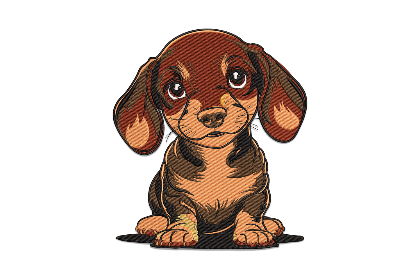 Cute dachshund puppy seated front-facing, big floppy ears, dark chocolate brown body and warm tan markings.