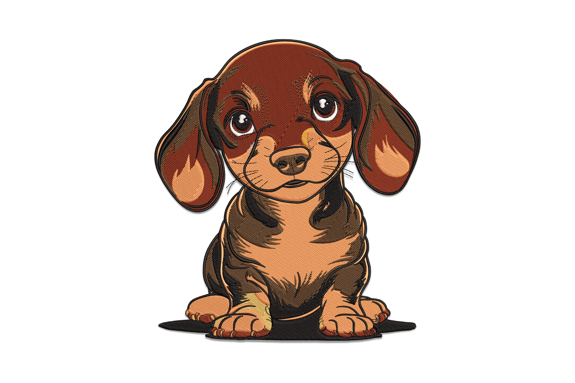 Cute dachshund puppy seated front-facing, big floppy ears, dark chocolate brown body and warm tan markings.