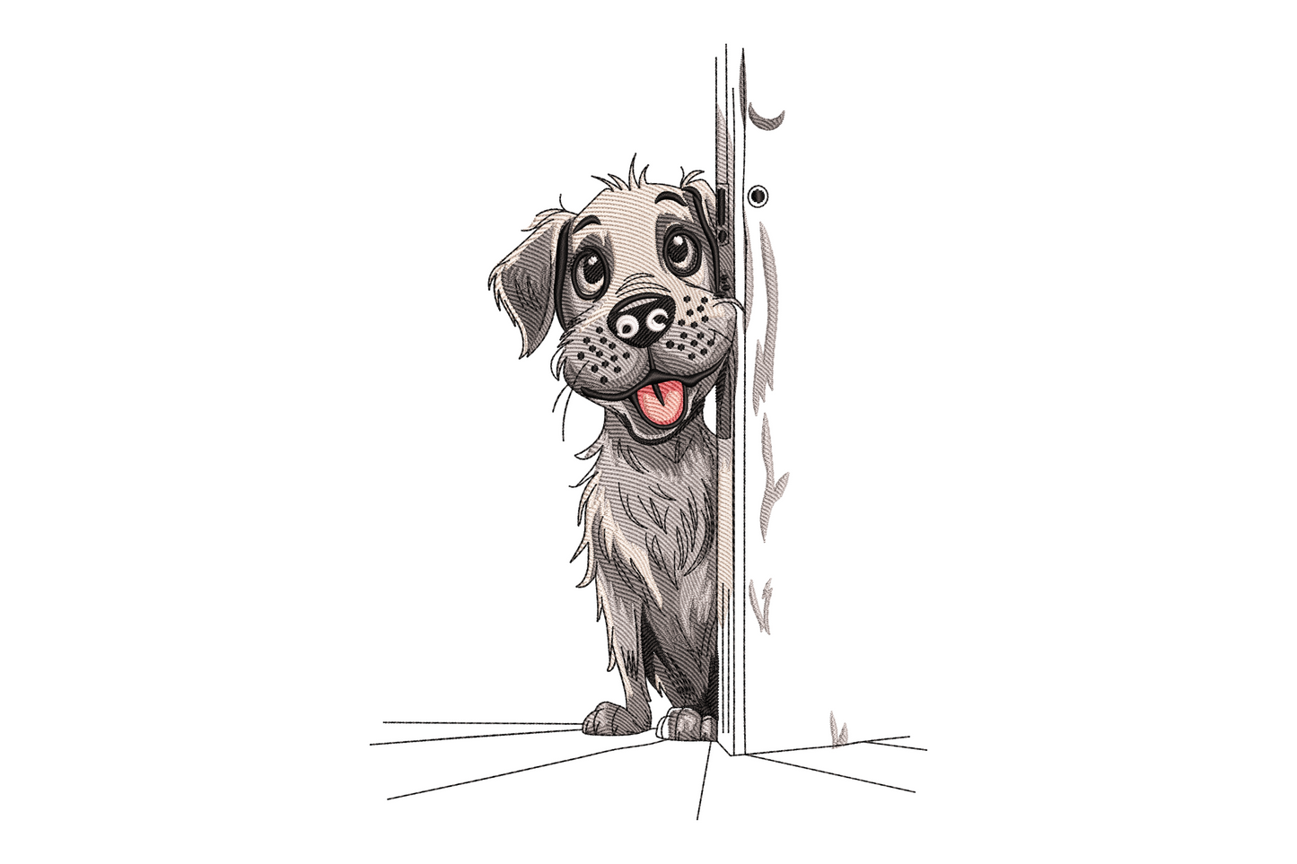 Puppy peeking around a sky blue door embroidery design with chocolate brown fur, cream muzzle, and curious wide eyes