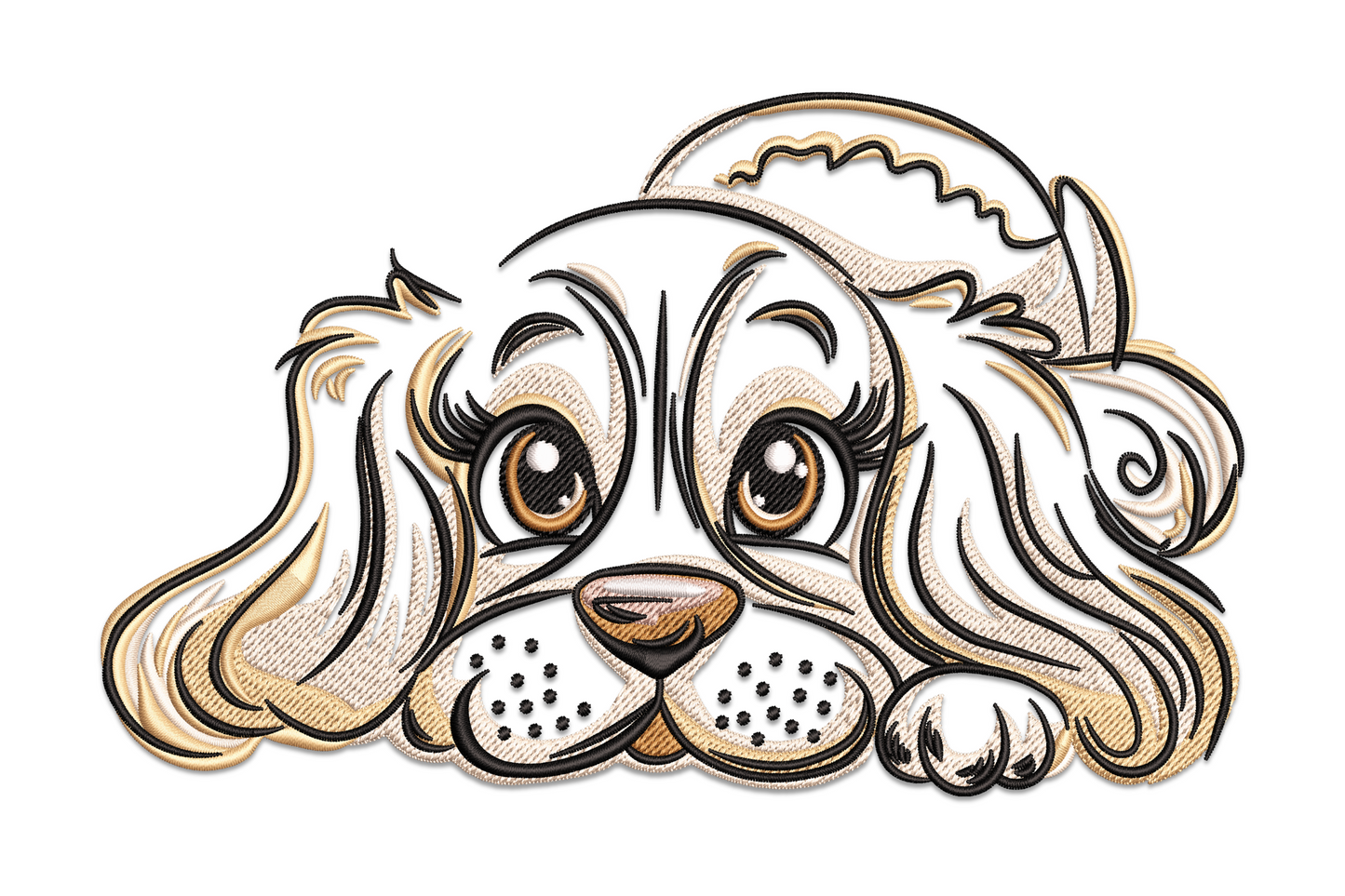 Puppy peeking over edge embroidery design with floppy ears and wide expressive eyes in golden tan and cream fur tones