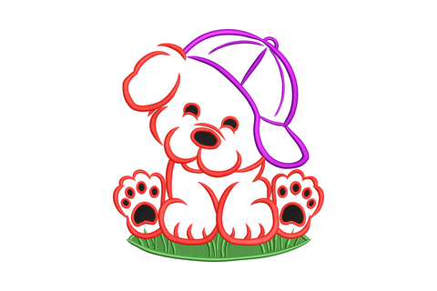 Cute kawaii puppy wearing a cap machine embroidery design, four-colour cartoon dog face with big eyes and rounded shapes