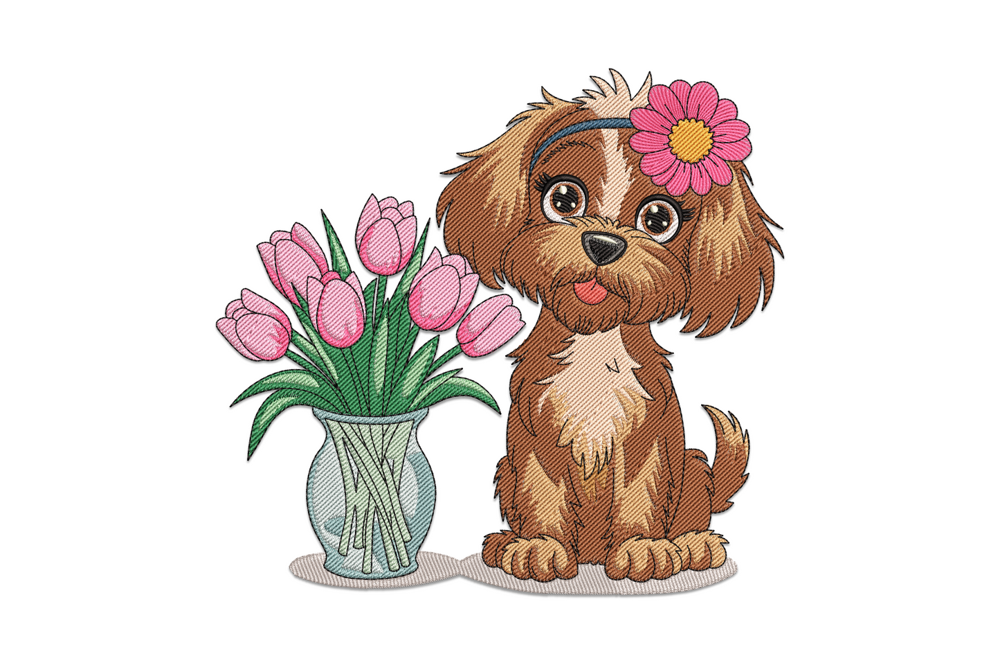 Cute puppy with flowers embroidery design, spaniel face surrounded by daisies and roses, nineteen thread colours in gold coral pink and forest green.