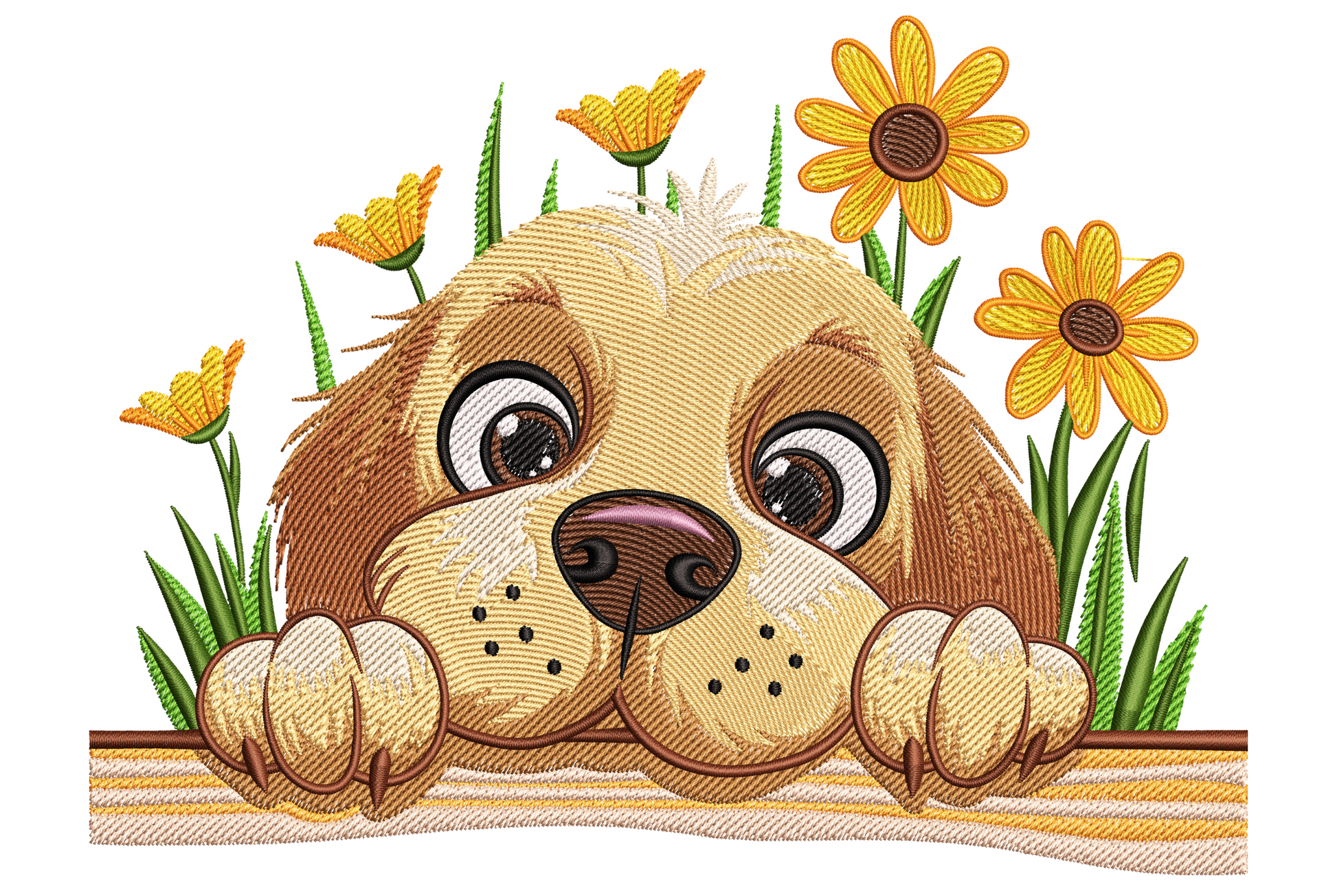 Cute puppy with flowers embroidery design, cartoon puppy peeking over fence surrounded by yellow daisies and sunflowers