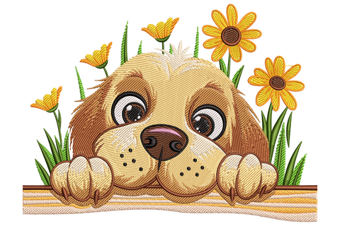 Cute puppy with flowers embroidery design, cartoon puppy peeking over fence surrounded by yellow daisies and sunflowers