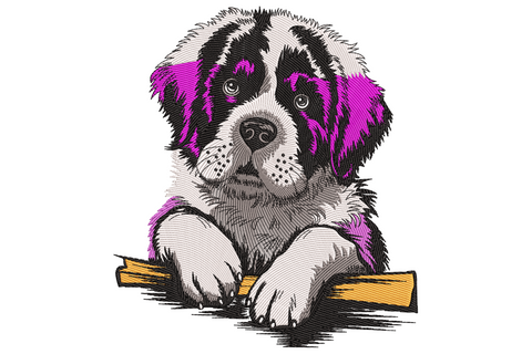 Saint Bernard puppy embroidery with sketchy black, cream and magenta stitching, paws resting on a tan wooden stick.