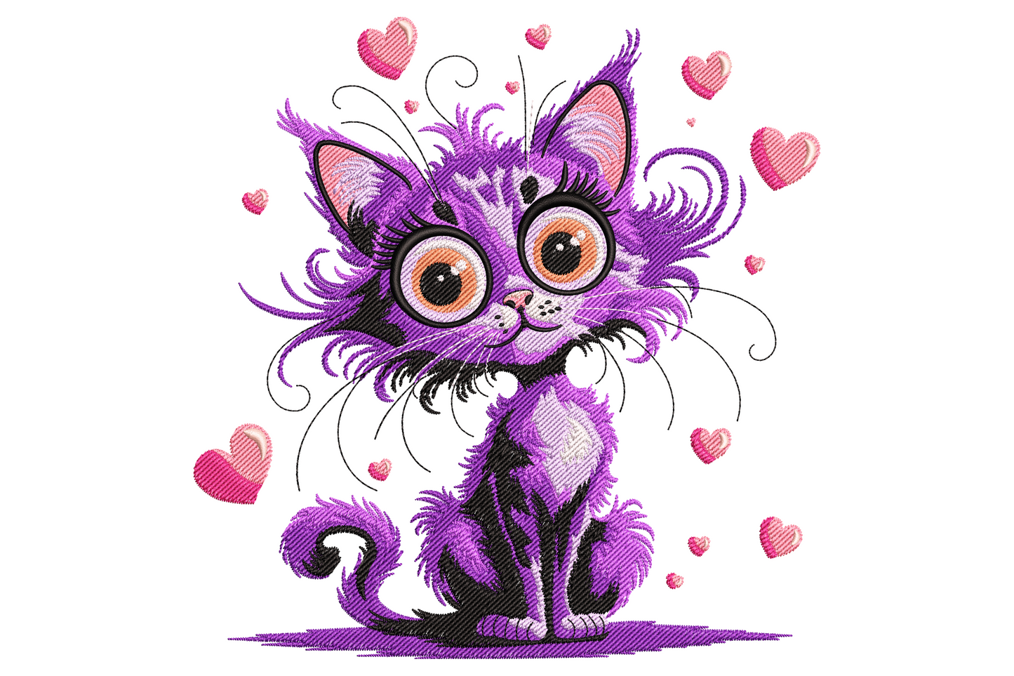 Round fluffy purple kitten embroidery with orange eyes, curly ear tufts and small floating pink hearts in kawaii cartoon style.