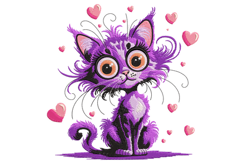 Round fluffy purple kitten embroidery with orange eyes, curly ear tufts and small floating pink hearts in kawaii cartoon style.