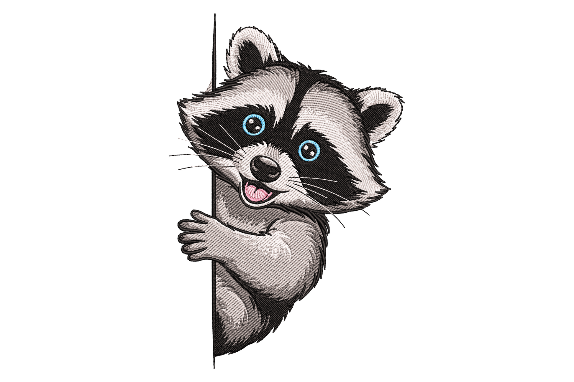 Cute woodland raccoon peeking around a fence with bright blue eyes, black mask, pink tongue and ink crosshatch fur shading.