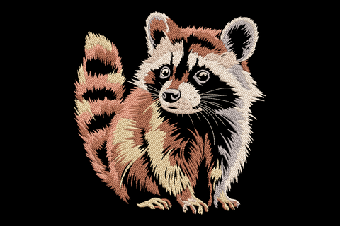 Realistic cute raccoon embroidery design, full body sitting pose with warm brown and cream fur, black mask and ringed striped tail, 9 sizes.