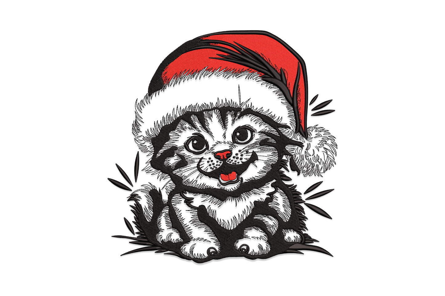 Cheeky tabby kitten embroidery design wearing a crooked red Santa hat with white pompom, rendered in detailed black crosshatch and radial-line sketch style.