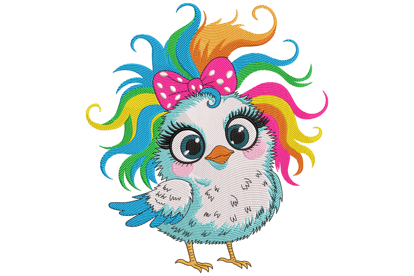 Cute baby bird with rainbow hair pink bow and big lashed eyes