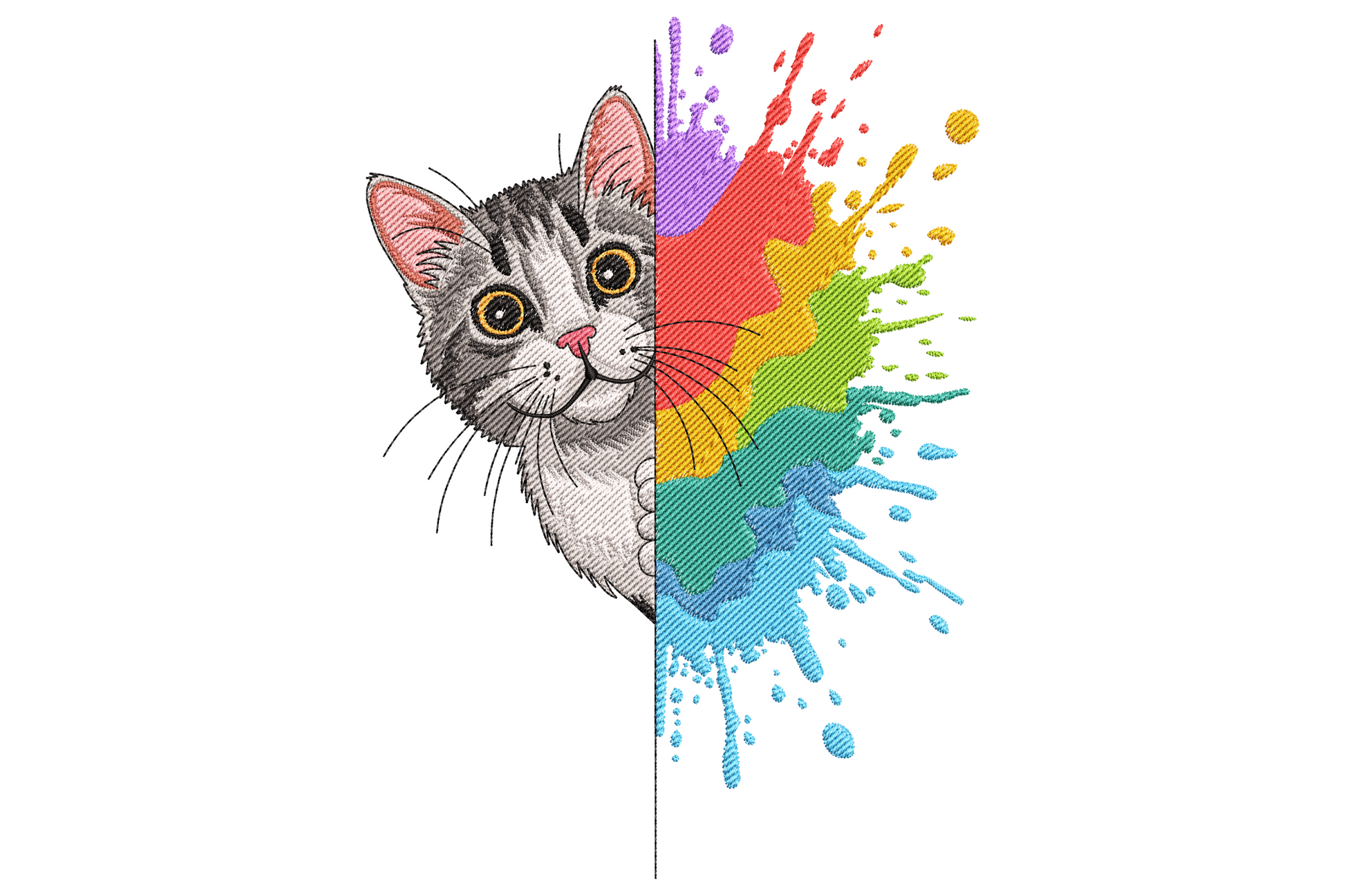Rainbow cat embroidery design, grey tabby face with multicolor paint splash burst in 16 thread colors
