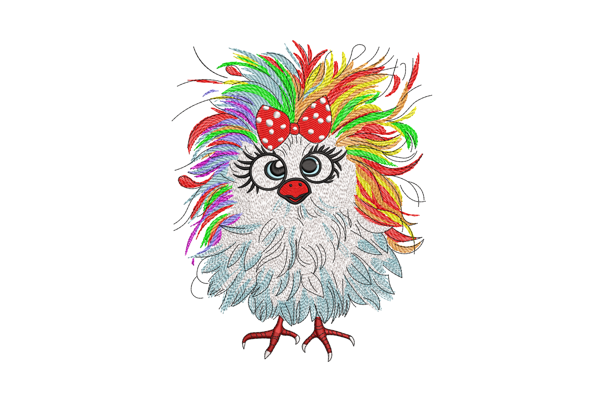 Machine embroidery design of a fluffy cartoon owl with wild rainbow feathers and a red polka-dot bow, shown on white background.