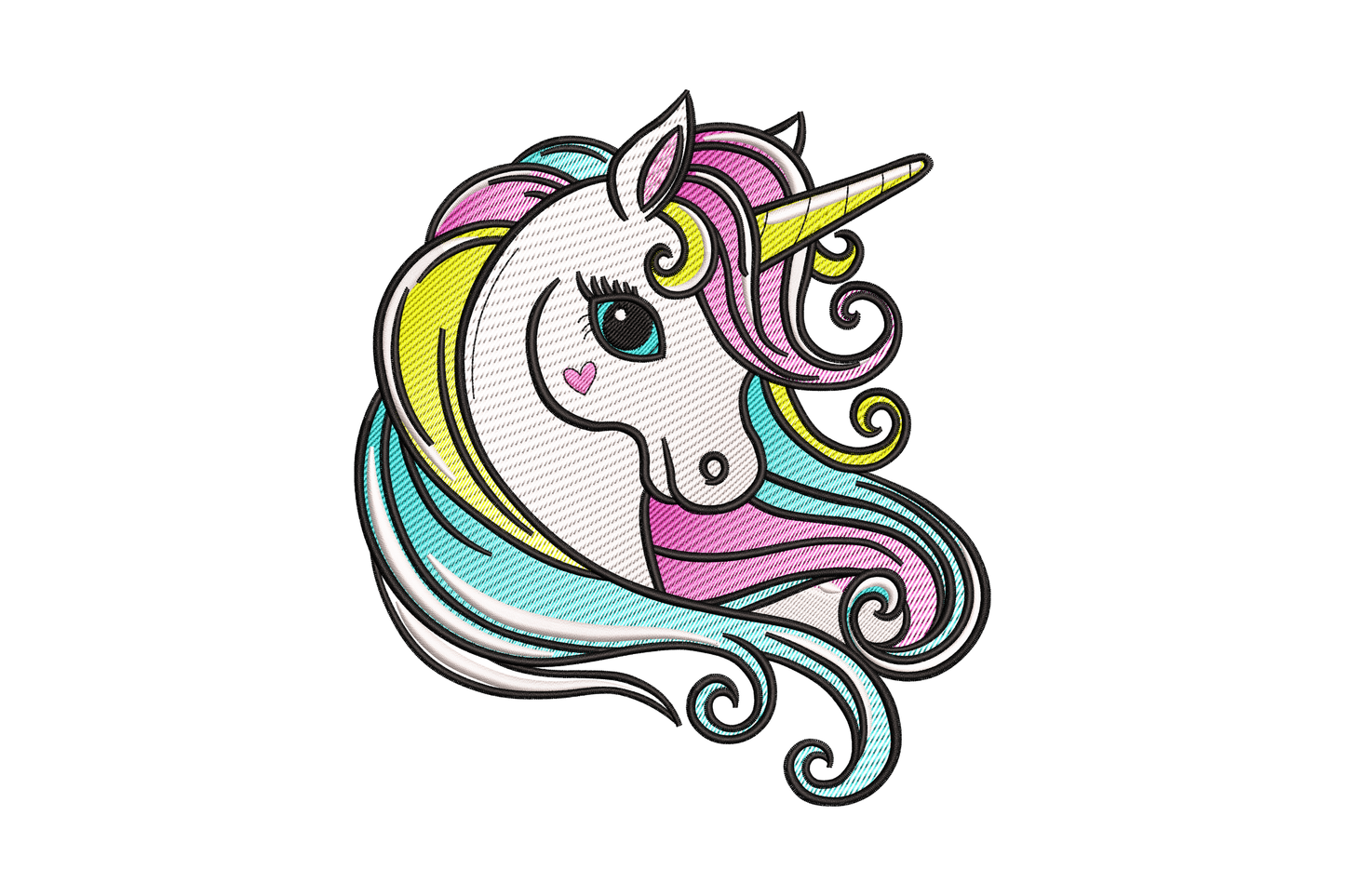 Cute rainbow unicorn embroidery design with white face, colorful flowing mane in pink yellow and teal, gold horn