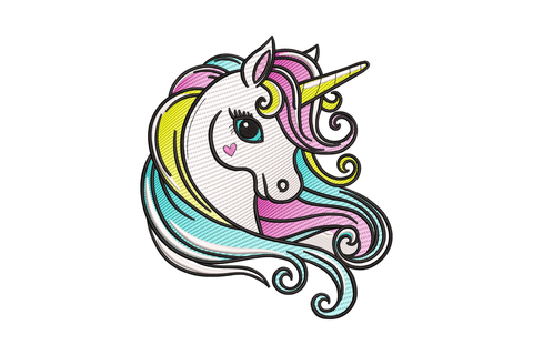 Cute rainbow unicorn embroidery design with white face, colorful flowing mane in pink yellow and teal, gold horn
