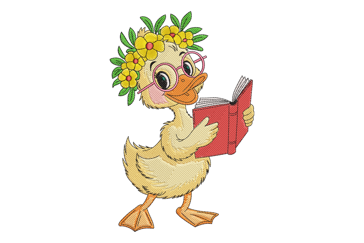 Reading duck embroidery, fluffy yellow duckling holding a red book, round pink glasses and a yellow daisy flower crown.