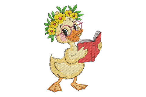 Reading duck embroidery, fluffy yellow duckling holding a red book, round pink glasses and a yellow daisy flower crown.