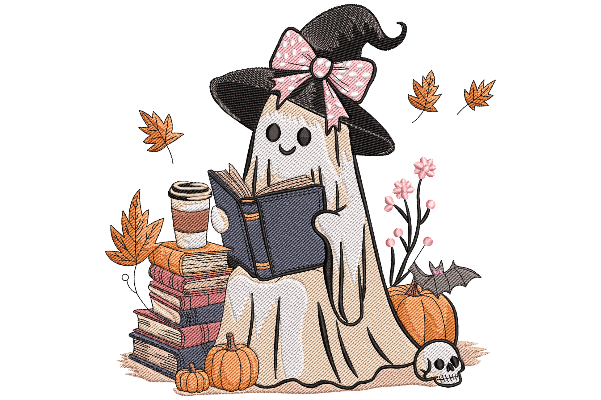 Cute ghost in witch hat with pink bow reading a book, surrounded by autumn leaves, pumpkins, stacked books and pink flowers, halloween embroidery.