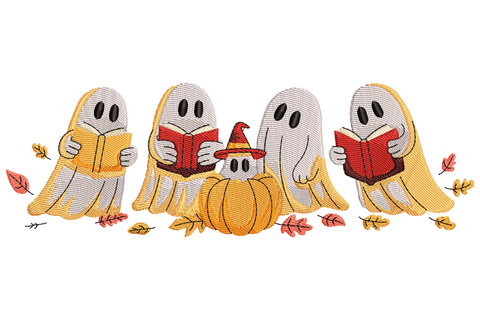 Cute reading ghost halloween embroidery design, cartoon ghosts holding books in white and cream, colourful book spines, 9 thread colours, 3.49 inches wide low-profile strip.