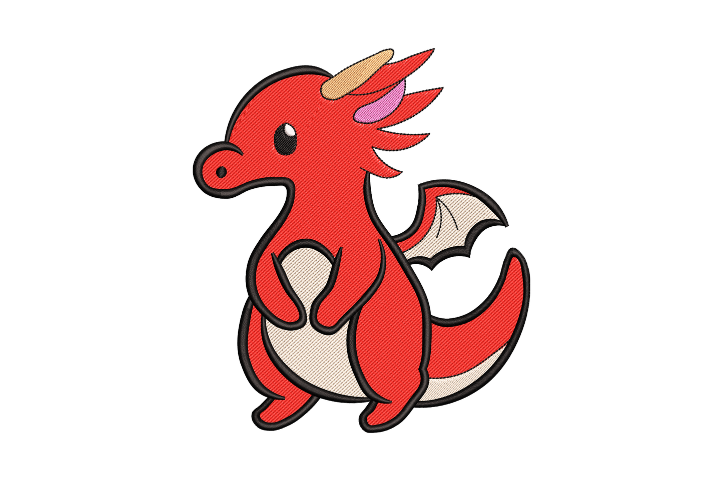 Cute red baby dragon embroidery design, chubby chibi style, cream belly, lavender ear frill, bat wing and curled tail, thick black outlines.
