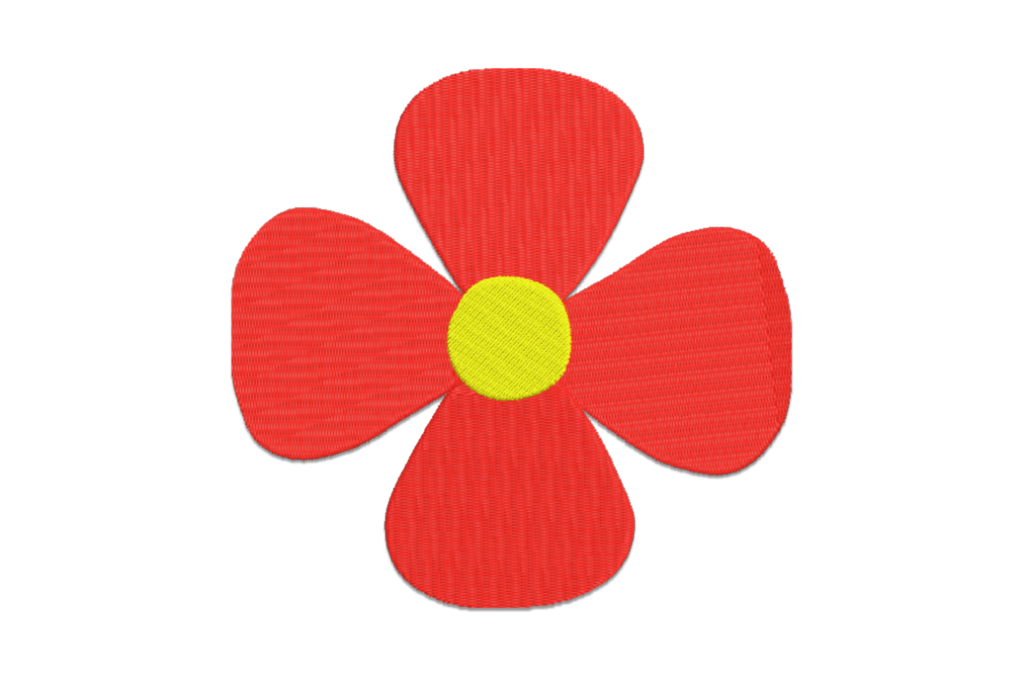 Cute red flower embroidery design with filled rounded red petals and small white centre dot on white background.