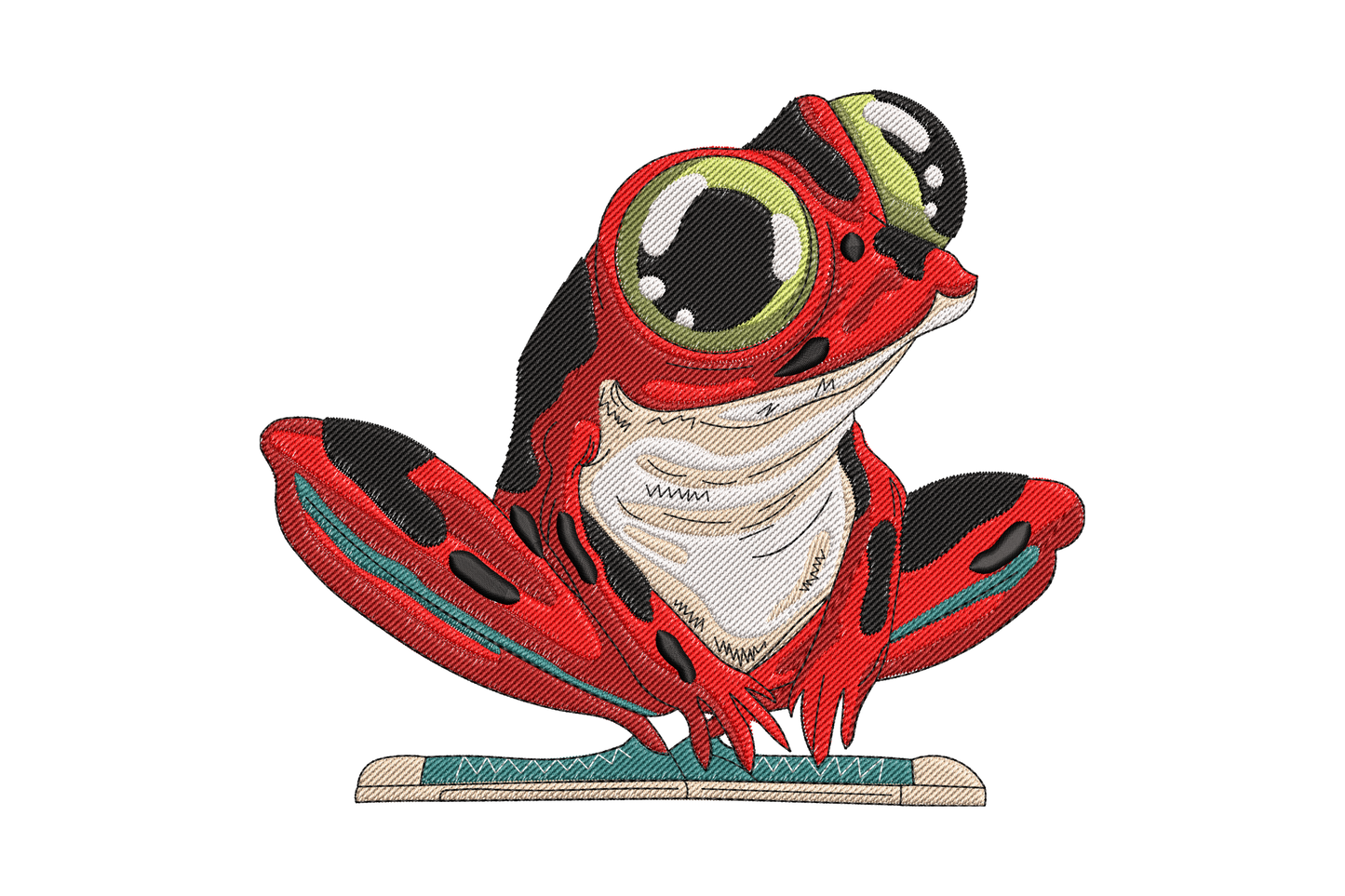 Red tree frog machine embroidery design, cartoon frog seated on branch, 8-color vivid red and teal wildlife design
