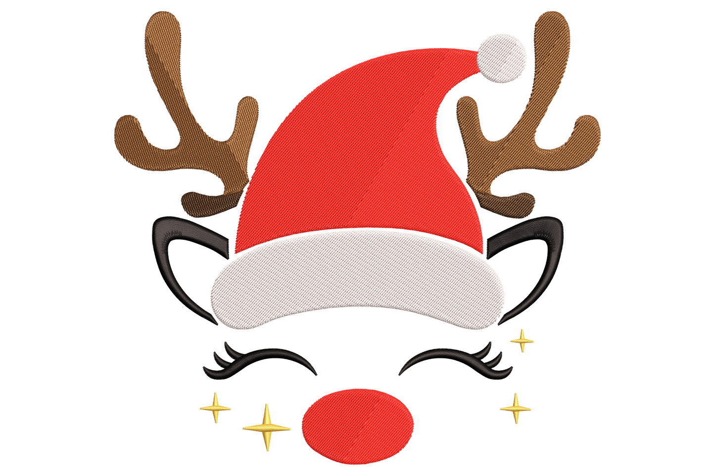 Cute reindeer face embroidery design with red santa hat, white fur trim, long curled eyelashes, red nose and gold sparkles