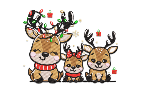 Three kawaii cartoon reindeer family embroidery with Christmas lights, red bow, snowflakes and gift boxes, 9 thread colors