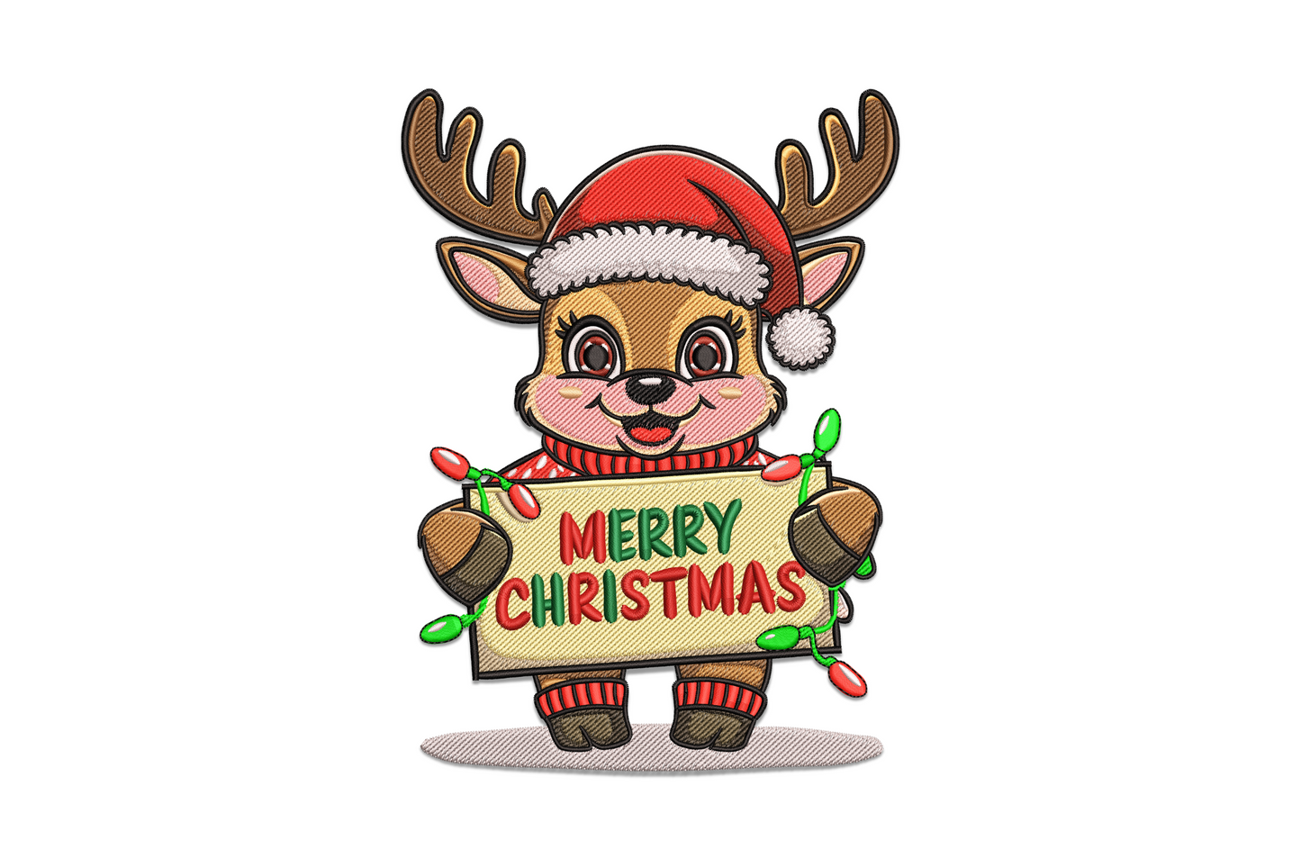 Chubby cartoon reindeer in red Santa hat holding Merry Christmas sign with light bulbs, colorful embroidery design