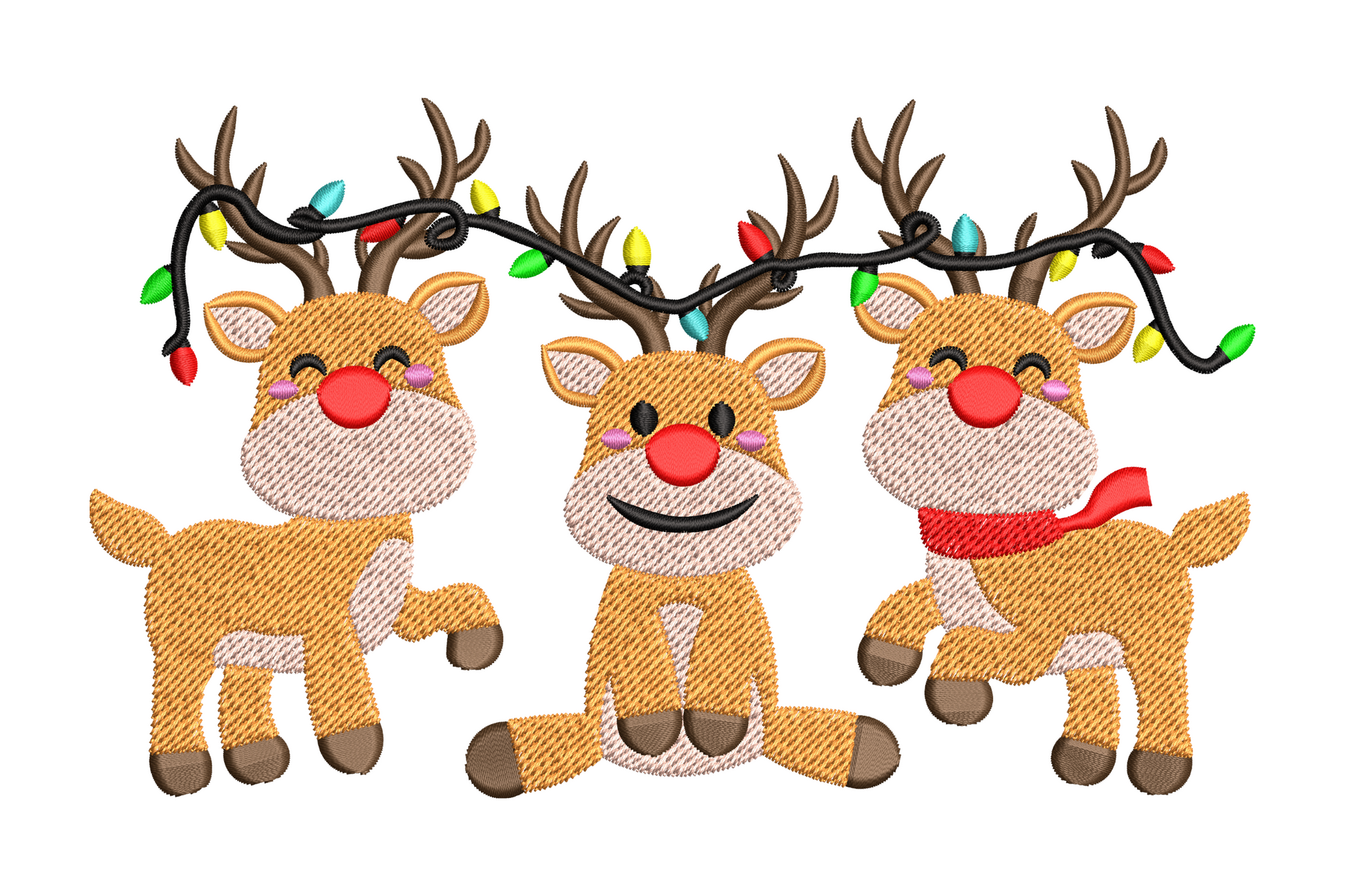 Cute reindeer trio Christmas embroidery design with three cartoon reindeer and colourful light string across antlers