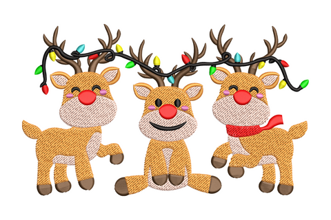 Cute reindeer trio Christmas embroidery design with three cartoon reindeer and colourful light string across antlers