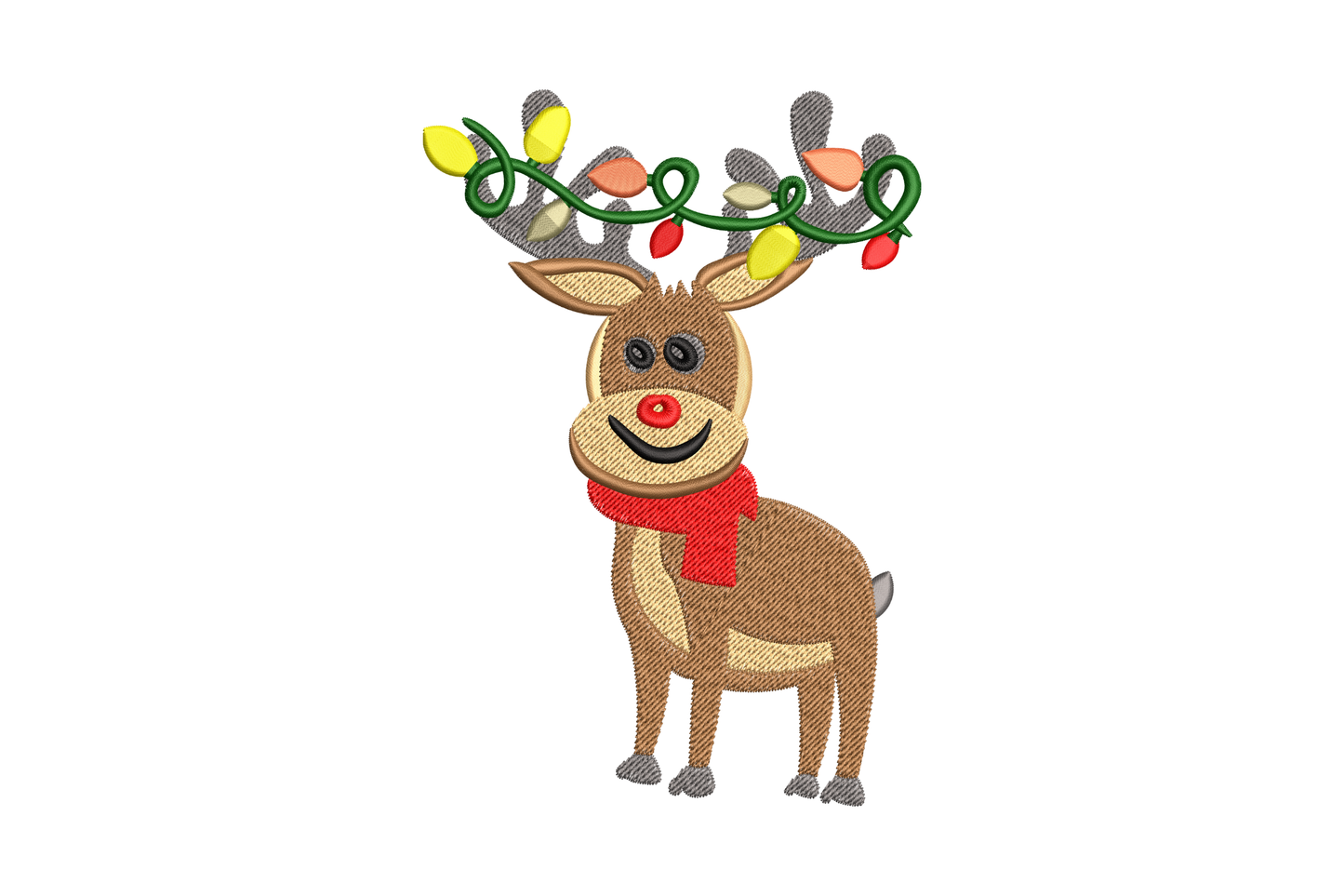Cute cartoon reindeer with christmas lights in antlers, red scarf and Rudolph nose embroidery design, 5 sizes 9 colours