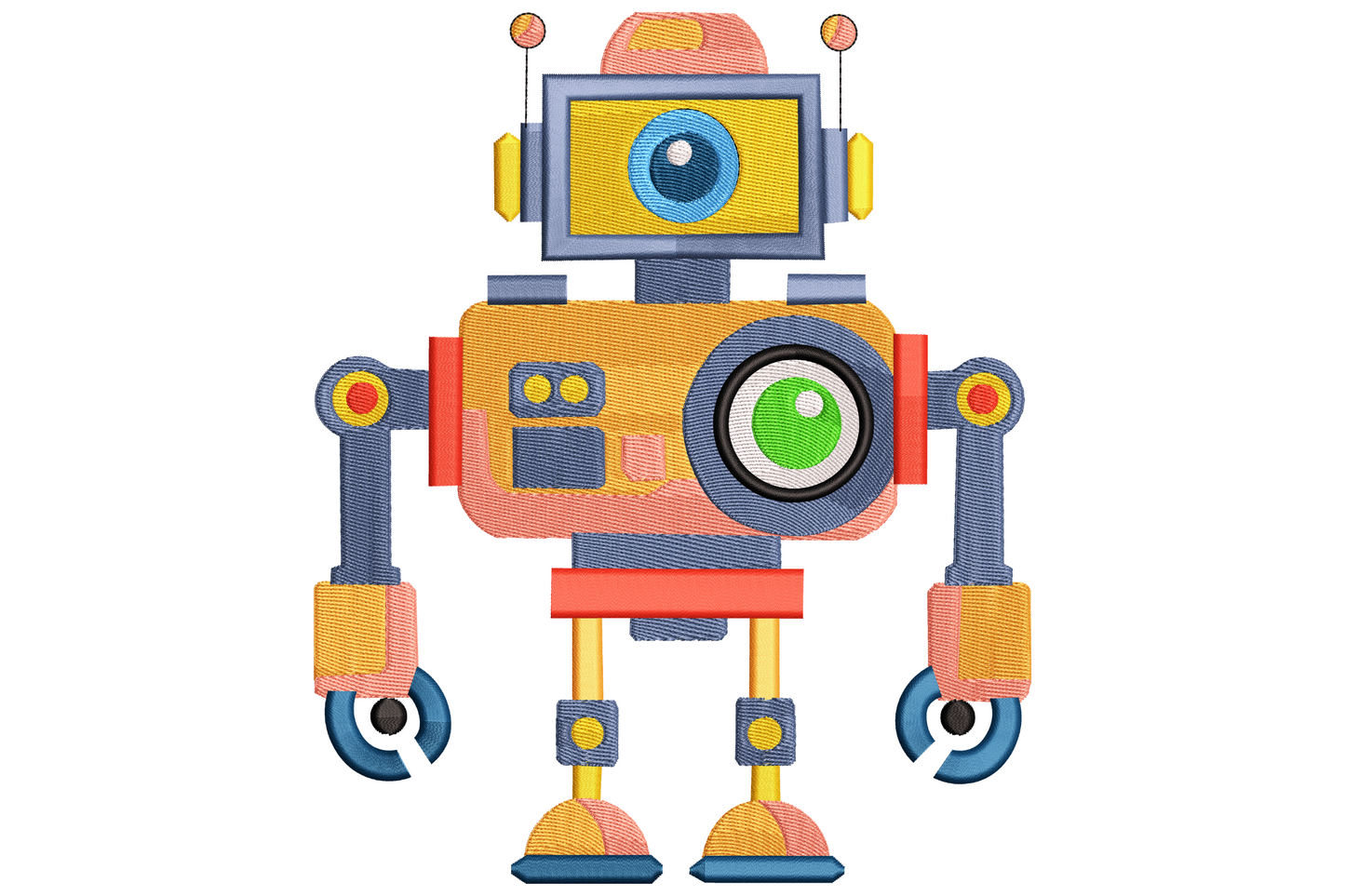 Retro cartoon robot embroidery design with bent antenna, mint green body, mustard yellow accents and red dial chest panel.