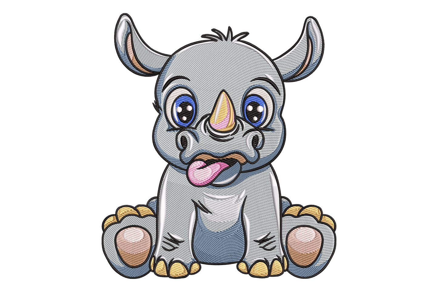 Cute baby rhino embroidery design, chubby cartoon rhino seated front-on with big blue eyes, pink tongue, golden horn and silver-grey body.