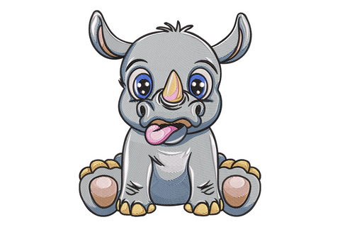 Cute baby rhino embroidery design, chubby cartoon rhino seated front-on with big blue eyes, pink tongue, golden horn and silver-grey body.