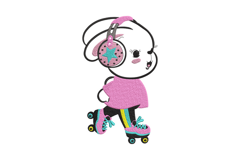 Roller skating girl with headphones embroidery design in 70s retro style with pink hair, yellow skates, and denim blue outfit.