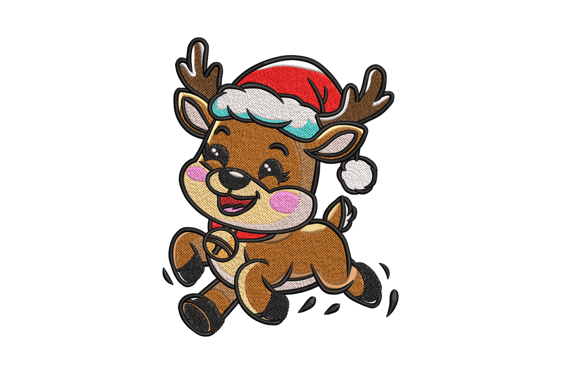 Kawaii round reindeer running with Santa hat tilted sideways, rosy cheeks and motion marks, Christmas embroidery design