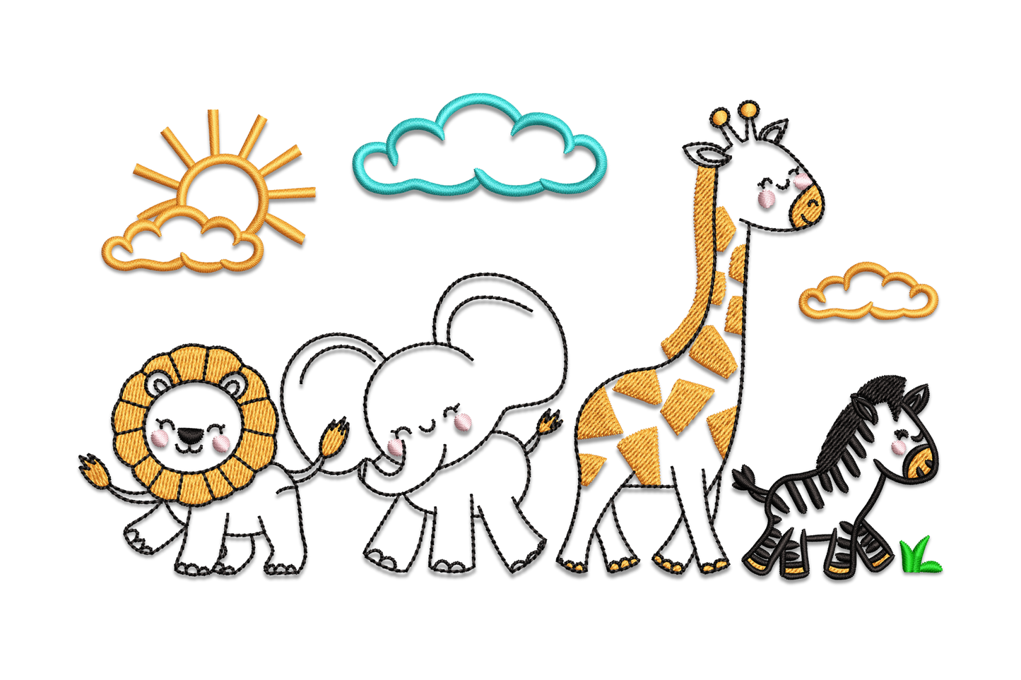 Cute safari animals embroidery with cartoon lion, elephant, giraffe and zebra in a row under a golden sun and teal cloud.