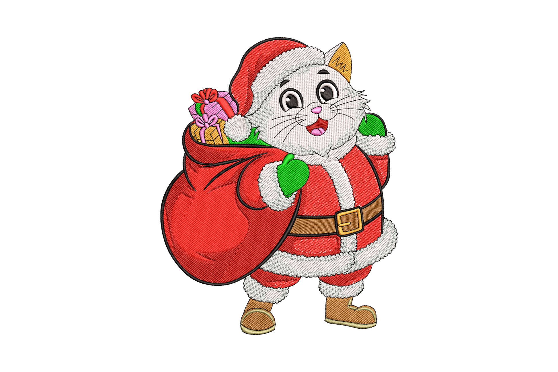 Santa cat Christmas embroidery design, round fluffy cat wearing a tilted red Santa hat with white pompom, cheerful holiday cat illustration stitch pattern