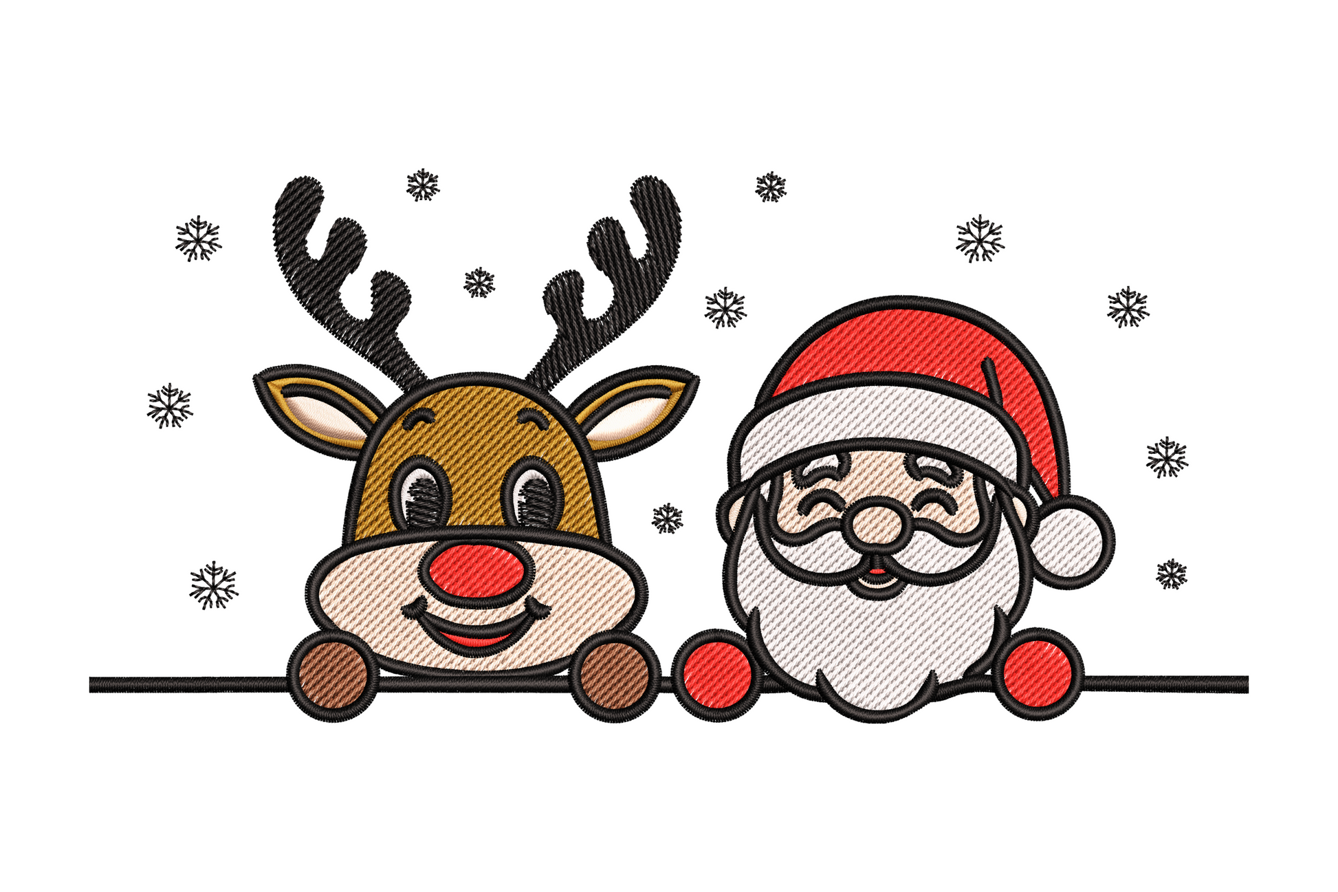 Cartoon santa and rudolph reindeer peeking over a black ledge with snowflakes, red hat brown antlers and white beard.